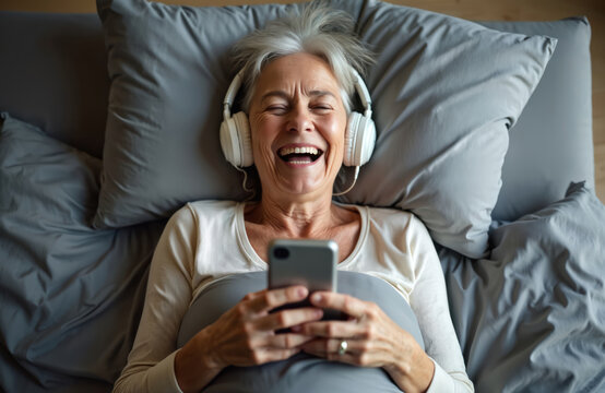 Elderly woman laughs heartily in bed while wearing headphones and holding smartphone. She enjoys music or audio content, feeling happy and relaxed indoors in her bedroom.