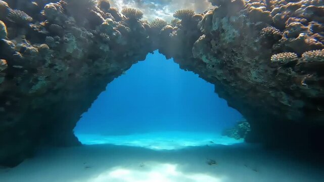 Underwater shot of a triangular opening in a coral reef with bright blue water and sunlight shining through from above.