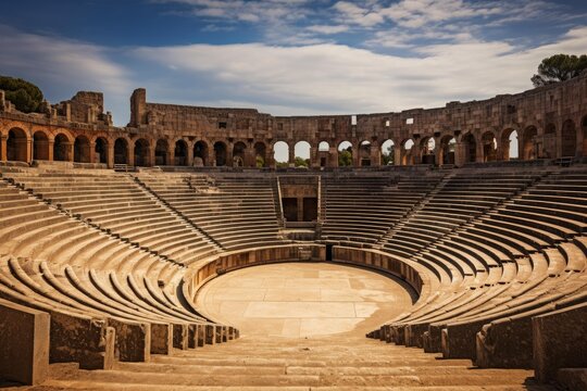 Ancient roman theater ruins with tiered stone seating and arched walls under a blue sky