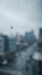 Obraz premium Raindrops on glass window with blurred urban cityscape background during stormy weather creating moody atmospheric scene for seasonal concepts.