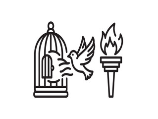 Obraz premium Minimalist line art of a bird escaping a cage and a torch