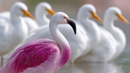 Fototapeta premium Unique pink flamingo surrounded by white birds in a natural habitat