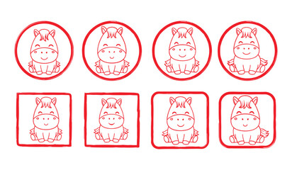 Collection of Cute Sitting Horse Illustrations in Red Frames, animal cartoon. horse, cartoon, cute, animal, equine, mammal