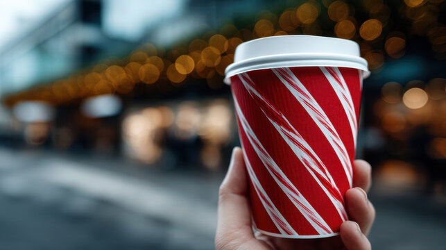 Festive red takeaway cup with candy cane stripe design - holiday beverage container