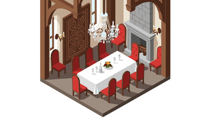 Naklejka premium Elegant dining room with chandelier and fireplace in isometric style