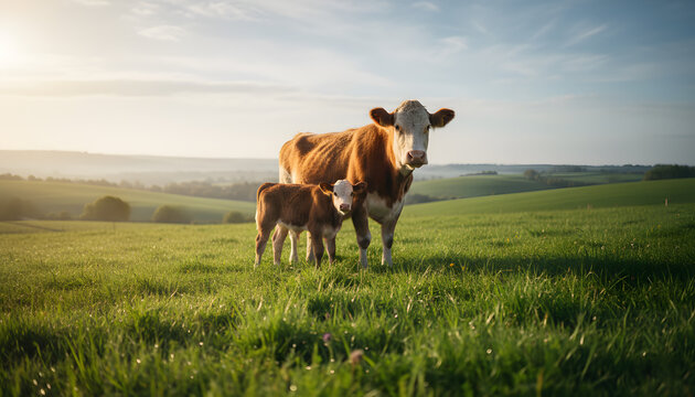 A cow and calf standing in a sunlit green pasture