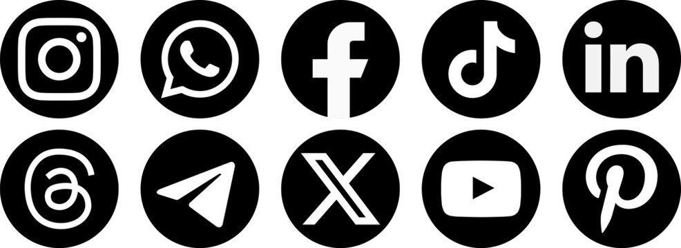 Set of monochromatic social media logos, circular black and white profile icons, clean aesthetic for contact and follow sections of modern websites