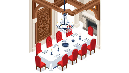 Elegant dining room with red chairs and chandelier in isometric style