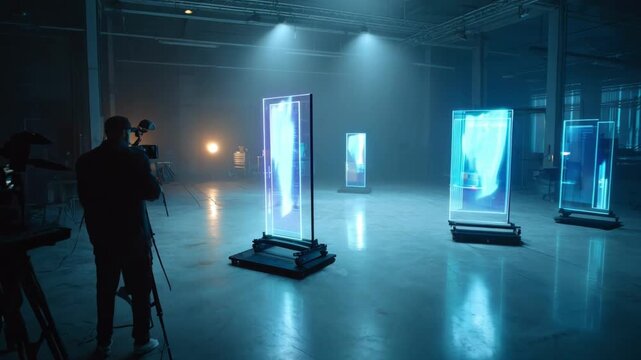 Medium shot of a creative studio environment where holographic displays highlight innovative technology concepts during a photo shoot