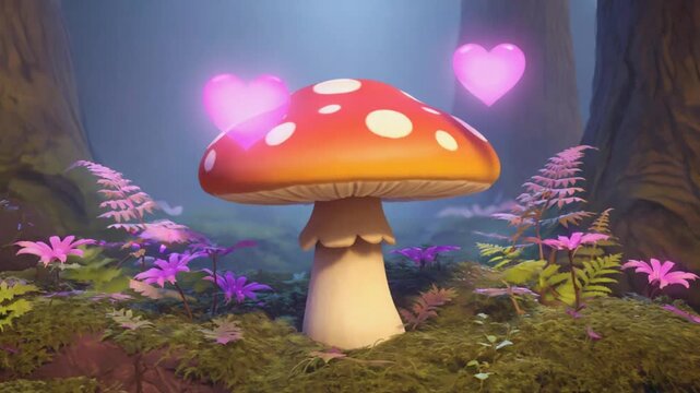 Red fly agaric mushroom in forest illustration
