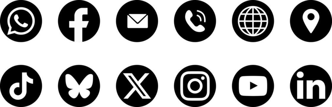 Minimalist black circle icon set for contact and social media, essential web communication concept, clean vector graphics for business card design