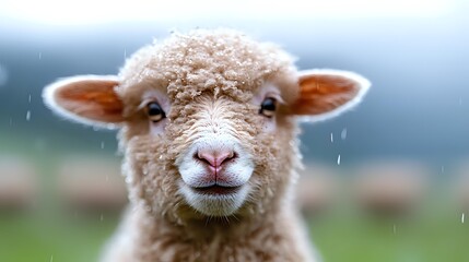 Obraz premium Adorable young lamb with fluffy wool coat standing in green pasture during gentle rainfall, farm animal portrait for agricultural and rural lifestyle content.