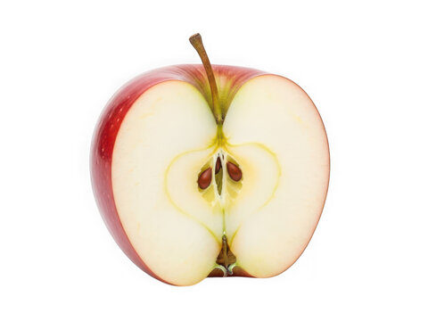 A crisp red apple with a shiny surface and a small stem, isolated on transparent background