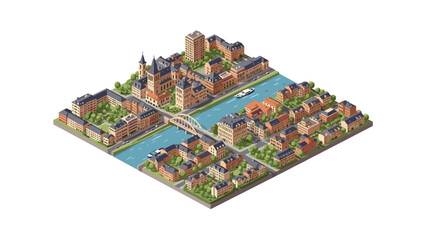 Fototapeta premium Charming isometric urban landscape with river and historic architecture