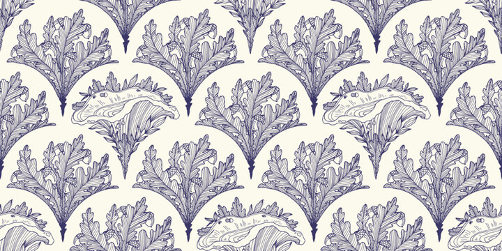 A hand-drawn seamless pattern of oak leaves, nuts, and chanterelle mushrooms. Vector pattern for wallpaper, textiles, wrapping paper, and graphic design. Vector banner ESP 10.
