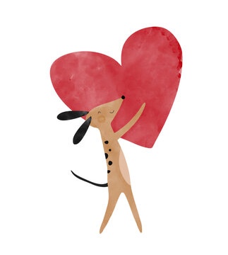 Cute Valentien's Day or Birthday Vector Card with Dog and Heart. Funny Dog ​​Holding Big Red Heart. Lovely Hand Drawn Nursery Art with Sweet Puppy, ideal for Card, Kids Room Decoration.	
