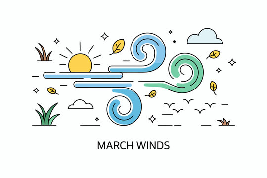 March winds spring season weather illustration with sun and leaves