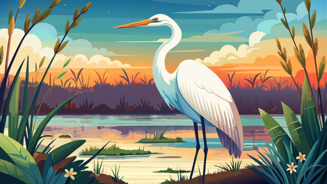 Very beautiful documentary photograph of an American egret standing gracefully in wetlands, highlighting elegant posture, white plumage, calm water, and fragile freshwater ecosystems.