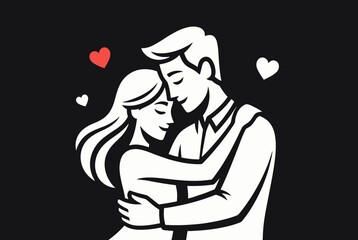 Valentine&rsquo;s Day Love Couple Hugging Icon Illustration in Black and White