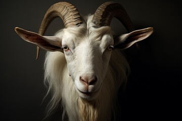 Obraz premium White goat looking straight at camera with large horns and dark background