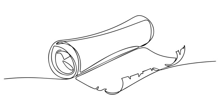 Old parchment scroll continuous one line drawing, Minimalist continuous line drawing of an ancient rolled parchment scroll on a white background, Papyrus Old paper, one line drawing continuous hand.
