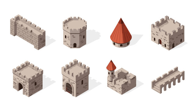 Isometric medieval castle elements collection with walls and towers