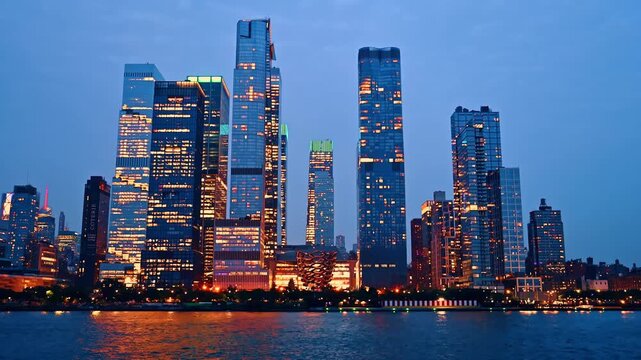 New York, USA, 24 August 2025: Hudson Yards skyline at blue hour. Illuminated Hudson Yards towers reflect in the Hudson River during early evening.