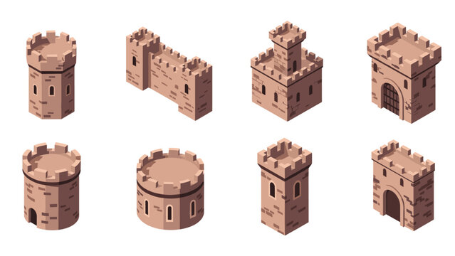 Medieval castle towers and walls isometric set for game design