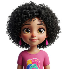 Cute 3d cartoon girl with curly hair wearing a pink shirt isolated on transparent background