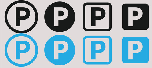 Parking Icons: Black and Blue 'P' Symbol in Circles and Squares