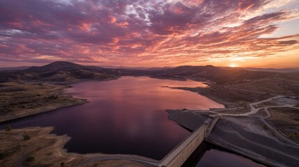Sunset over a large reservoir held by a dam