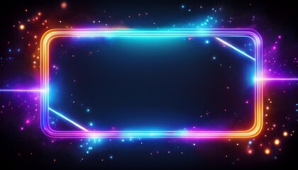 Obraz premium glowing rectangular frame with neon light gradient and sparkling particles against a dark background