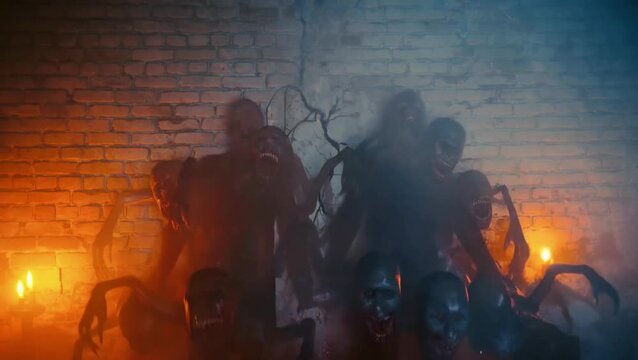 Shadow Creatures Detaching from Human Silhouettes to Attack, Dark Surrealism 4K Slow Motion Horror, Nightmarish Monster Scene with Crimson Effects and Ash