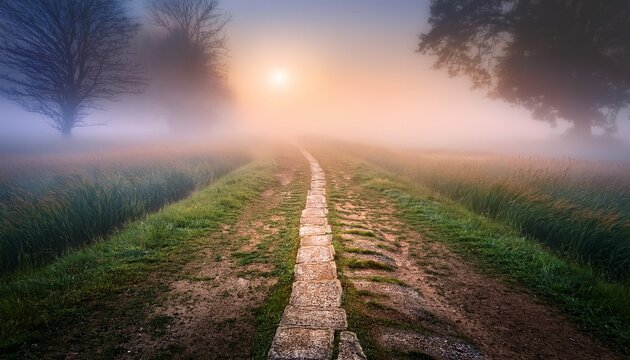 paralyzing indecision a dense fog envelops a split path evoking a sense of uncertainty and contemplation in a mysterious landscape