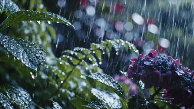 Rain Falling on Green Plants and Flowers.