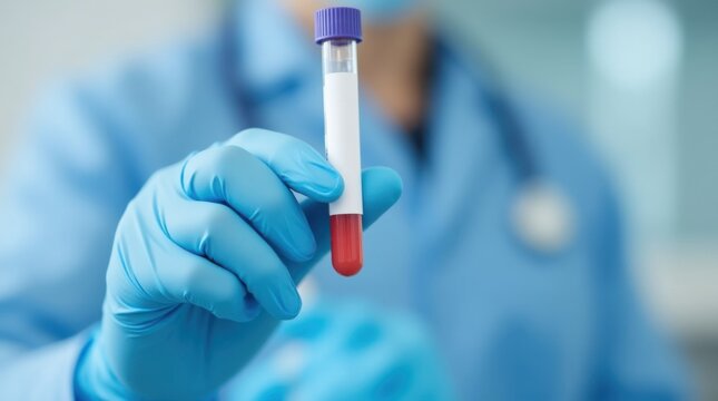 Doctor holding blood sample tube for eos test, laboratory diagnostics of eosinophil levels for allergy detection, parasitic infection screening and immune response evaluation in clinical medicine