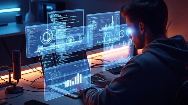 Programmer desk with holographic interface blinking and code lines flowing slowly