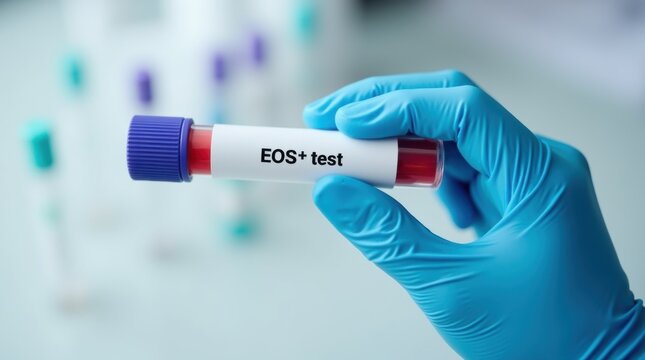 Doctor holding blood sample tube for eos test, laboratory diagnostics of eosinophil levels for allergy detection, parasitic infection screening and immune response evaluation in clinical medicine