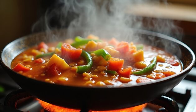 Fresh vegetable stew steams in pan cooking on hot stove. Colorful tomatoes, green beans, carrots, and potatoes simmer in rich broth. Delicious vegetarian meal prepared in kitchen. Healthy food.