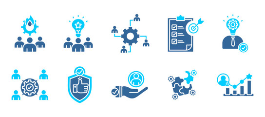 team building icon collection set. Containing Team spirit, inspiration, Teamwork, goals, competence, Collaboration, Trust, support, Problem solving, motivation icon . dual tone vector.