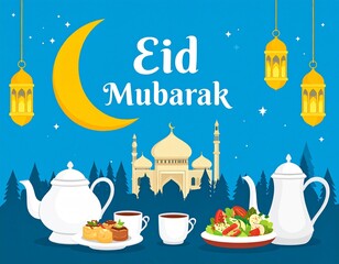 Elegant Eid Mubarak greeting card with crescent moon, mosque silhouette, lanterns and Islamic geometric patterns, festive blue and gold theme, modern flat vector style