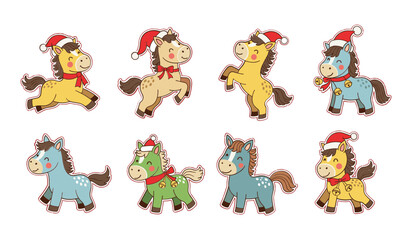 Fototapeta premium Collection of Eight Cute Cartoon Christmas Horses with Santa Hats keywords