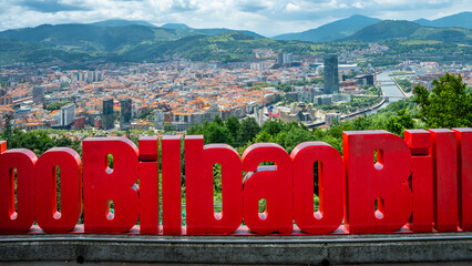 Bilbao Tourist Sign at Mount Artxanda Viewpoint Overlooking Bilbao, Spain. Panoramic View.