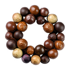 Obraz premium Assortment of gourmet chocolates arranged in a circular wreath on a white background.
