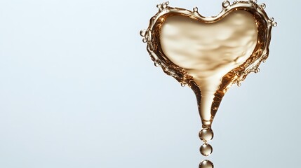 Fototapeta premium Golden liquid heart shape with droplets falling, romantic love concept for Valentine's Day cards, wedding invitations and anniversary designs on white background.