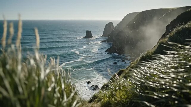 Rugged Coastline with Waves and Cliffs.