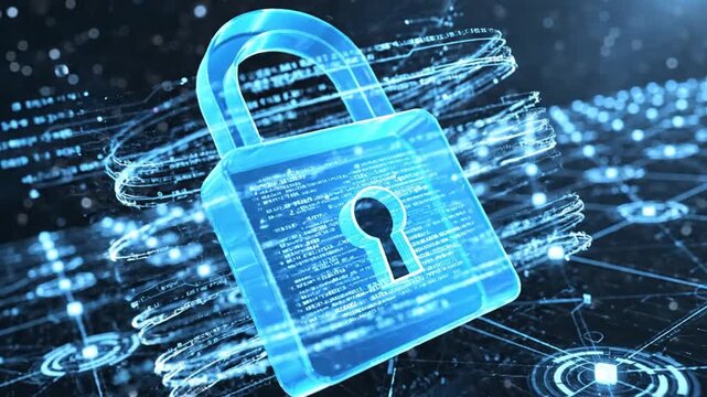 Secure digital lock on futuristic network background with binary code