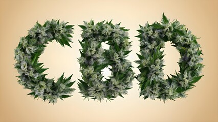 CBD letters formed with fresh cannabis leaves and flowering buds on light beige background