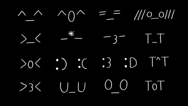 Hand-drawn text emoticon and kaomoji face animation set, chalk doodle ASCII expression symbols, and reaction faces ona  transparent background, alpha channel