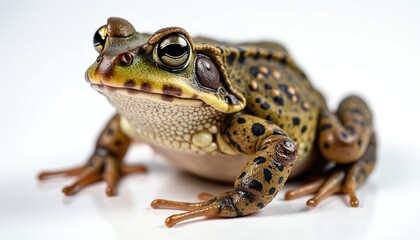 Close up of a natterjack toad, a rare amphibian with green and brown patterned skin. This small creature has big black eyes and textured skin, likely found in a wet habitat or pond environment.